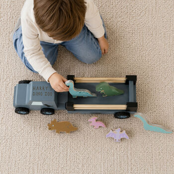 Personalised Wooden Dinosaur Jeep Toy With Trailer And Dinosaurs, 2 of 5