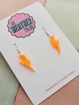 Small Neon Orange Glitter Lightning Bolt Earrings / Bright Orange Jewellery Bold Neon Sparkle / Electric Retro Flash Dangles, 2 of 5