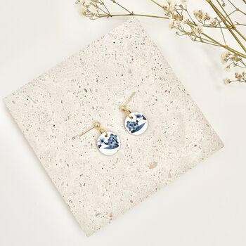 Handmade Blue And White Floral Circle Clay Earrings, 2 of 6