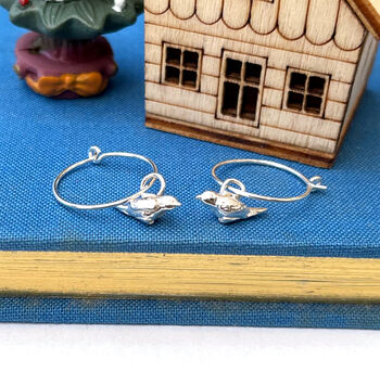 Sterling Silver Small Robin Bird Hoop Charm Earrings, 10 of 12