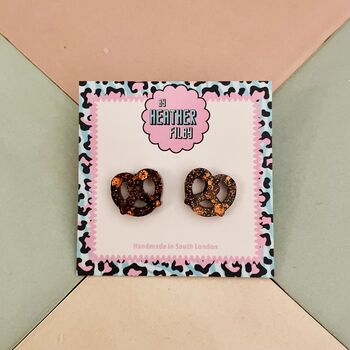 Twist And Spark Pretzel Glitter Resin Stud Earrings / Snack Jewellery / Baker Gift Idea / Small Salted Snack Gift, 2 of 4