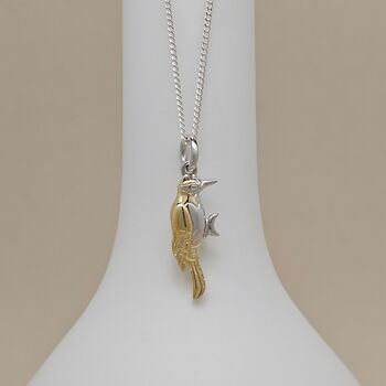 Rhodium And Gold Plated Woodpecker Charm Necklace, 2 of 3
