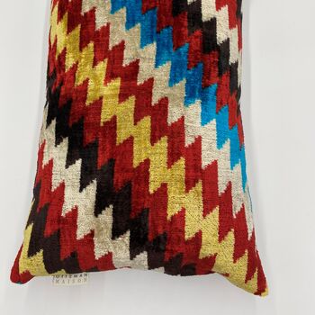 Oblong Ikat Velvet Cushion Multi Zigzag, 8 of 9