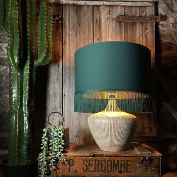 Hunter Green Cotton Lampshades With Gold Or Copper Lining And Green Fringing, 5 of 12