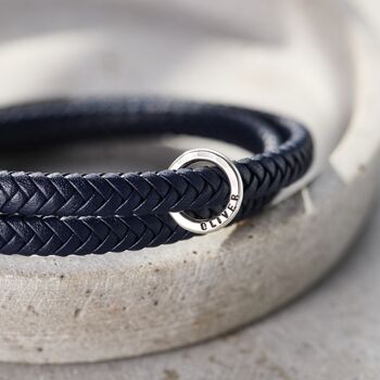 Men's Personalised Navy Blue Leather Message Bracelet, 2 of 5