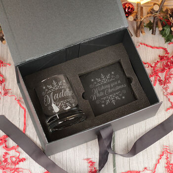 Christmas Snowflake Tumbler Glass With Chocolate Tree And Coaster Gift Boxed Set, 5 of 7