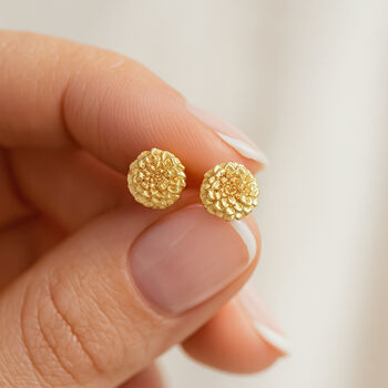 Gold Plated Sterling Silver Marigold Stud Earrings – October Birth Flower, 2 of 5