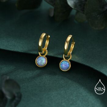 Sterling Silver Dangling Blue Opal Hoop Earrings, 5 of 12