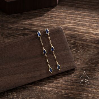 Sapphire Blue Cz Marquise Dangle Drop Stud Earrings, 6 of 12