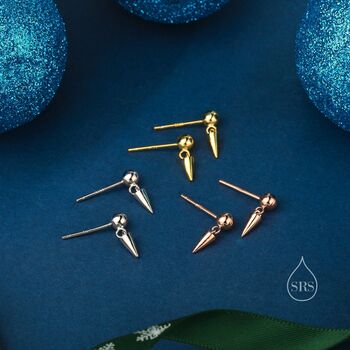 Tiny Dangling Spike Stud Earrings In Sterling Silver, 3 of 11