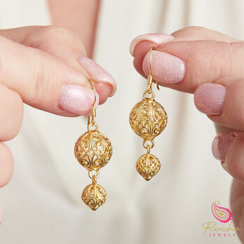 Filigree Double Ball Drop Gold Plated Earrings, 5 of 10