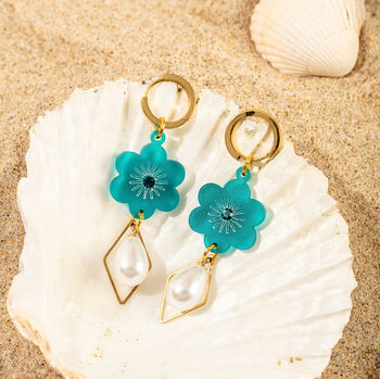 18 K Gold Plated Micro Huggie Earring With Pearl Drop, Flower, And Gemstone, 6 of 8