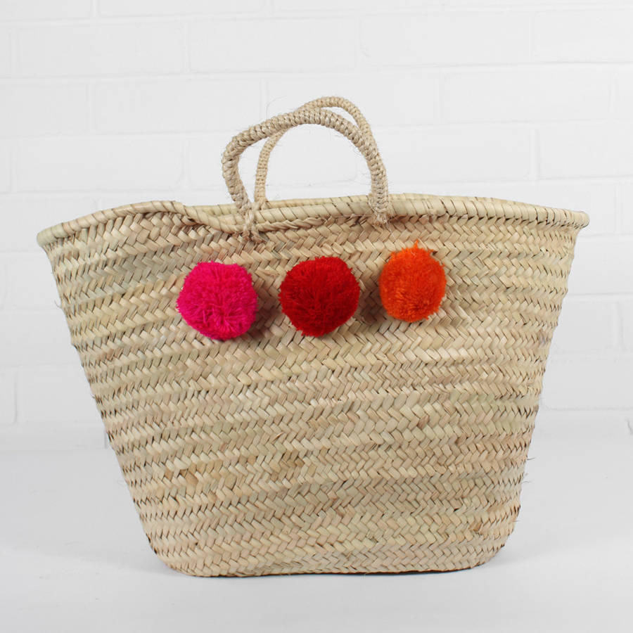 Multi Coloured Market Pom Pom Basket By Bohemia | notonthehighstreet.com