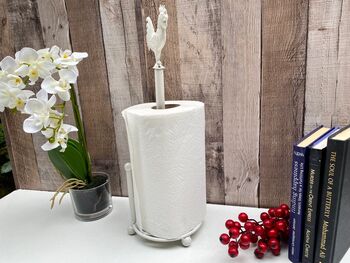 White Iron Cockerel Kitchen Roll Holder Stand, 3 of 8