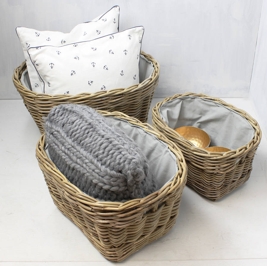 round grey lined rattan basket by marquis & dawe