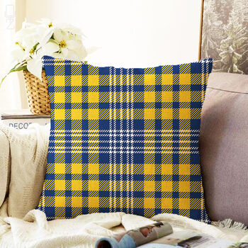 Yellow And Navy Blue Plaid Pattern Cushion Cover, 2 of 4