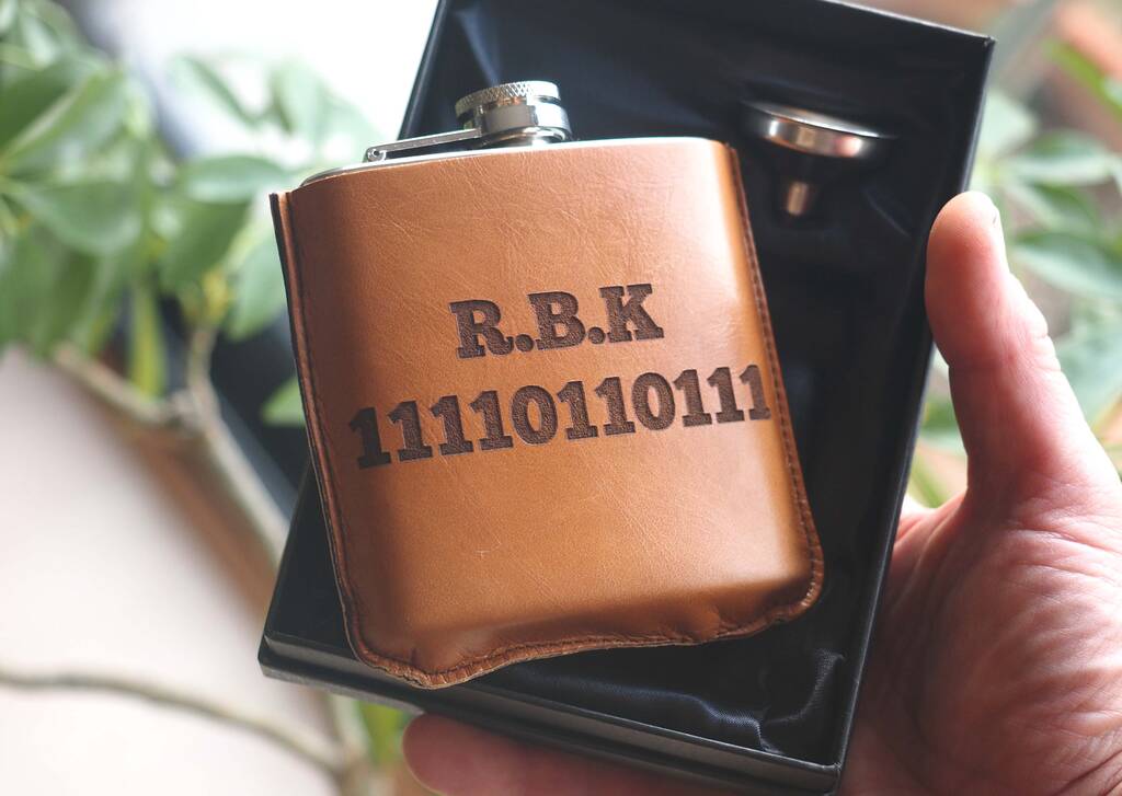 Custom Name And Binary Date Hip Flask With Gift Box, 1 of 6