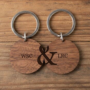 Personalised Couples Set Of Two Walnut Wood Keyrings, 2 of 4