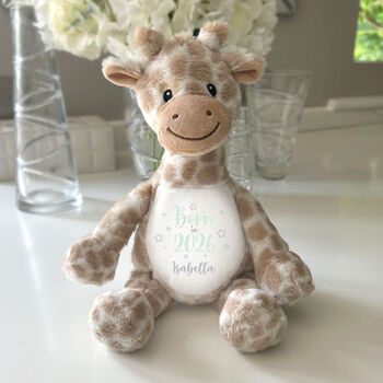 Personalised Born In 2026 Giraffe Teddy Bear 34cm – New Baby, Christening Or 1st Birthday Gift, 4 of 9