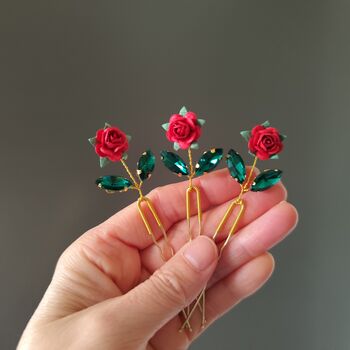 Handcrafted Red Rose Hair Pins Set Of Three, 8 of 8