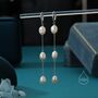 Sterling Silver Natural Oval Pearl Trio Long Dangle Huggie Hoop Earrings, thumbnail 1 of 11