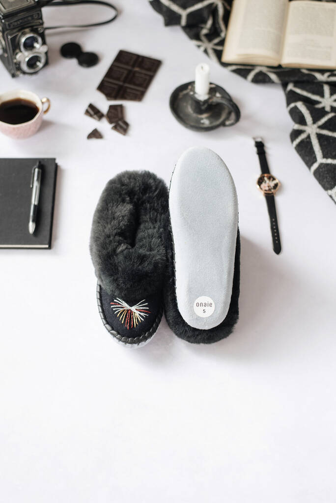 navy sheepskin slippers