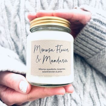 Mimosa Flower And Mandarin Scented Handmade Soy Candle, 2 of 8