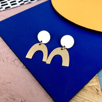 Geometric Brass Circle And Arc Abstract Drop Earrings, 2 of 9