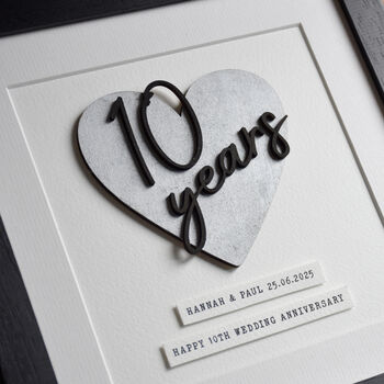Personalised 10 Year Tin Wedding Anniversary Wooden Heart Print, 2 of 4