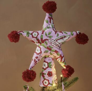 Two Sided Pom Pom Padded Fabric Star Tree Topper, 4 of 4