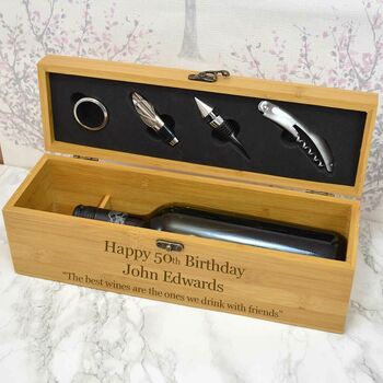 Personalised Wooden Wine Bottle Box With Accessories, 5 of 6