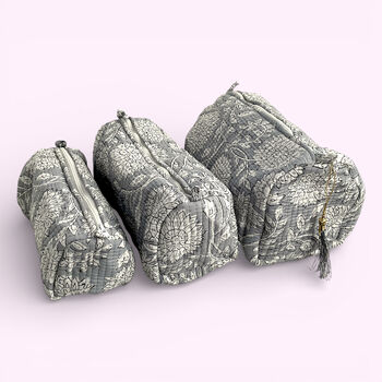 Grey Floral Block Print Cotton Washbag, Make Up Bag, With Waterproof Lining Set Of Three, 2 of 6