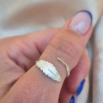 Sterling Silver Feather Leaf Adjustable Stacking Finger Or Thumb Ring, 4 of 10