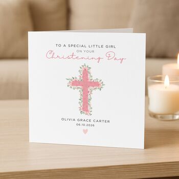 Personalised Floral Cross Christening Card For Baby Girl, 2 of 7