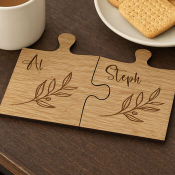 Personalised Oak Jigsaw Coaster Set Custom Couples Gift Anniversary, 2 of 4