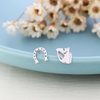 Sterling Silver Mismatched Horse Head And Horseshoe Stud Earrings, 7 of 12