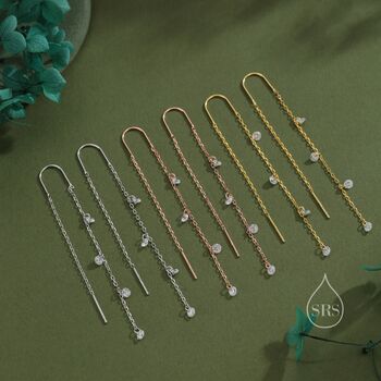 Sterling Silver Cz Cascade Drop U Threader Earrings, 5 of 11