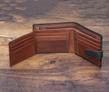 Personalised Mens Black And Tan Leather Wallet Rfid, 6 of 9