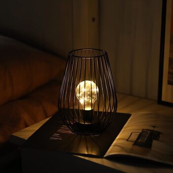 Black Metal Cage Cordless Lantern Lamp, 4 of 6