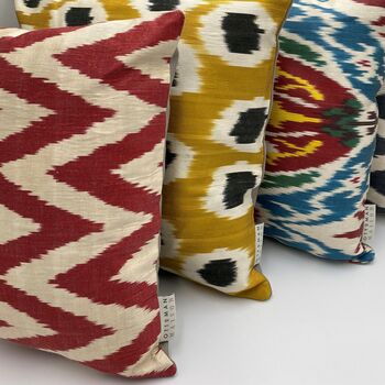 Square Ikat Silk Cushion Red Zigzag, 8 of 8