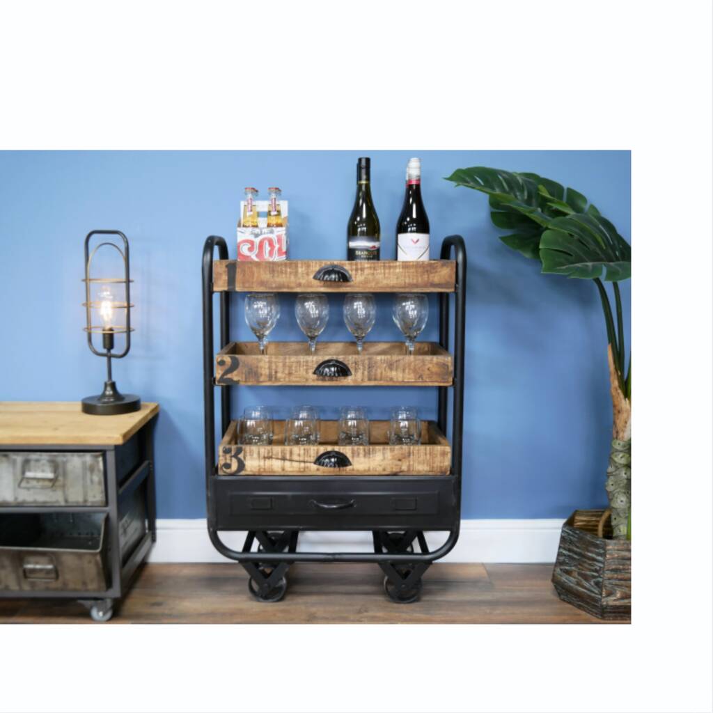 Mango Wood And Iron Industrial Drinks Trolley