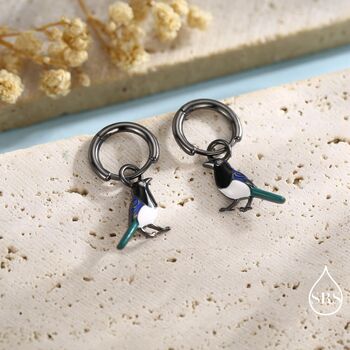 Magpie Enamel Huggie Hoop Earrings In Sterling Silver, 6 of 10