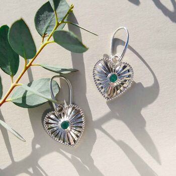 Heart Rays Green Onyx Sterling Silver Drop Earrings, 2 of 8