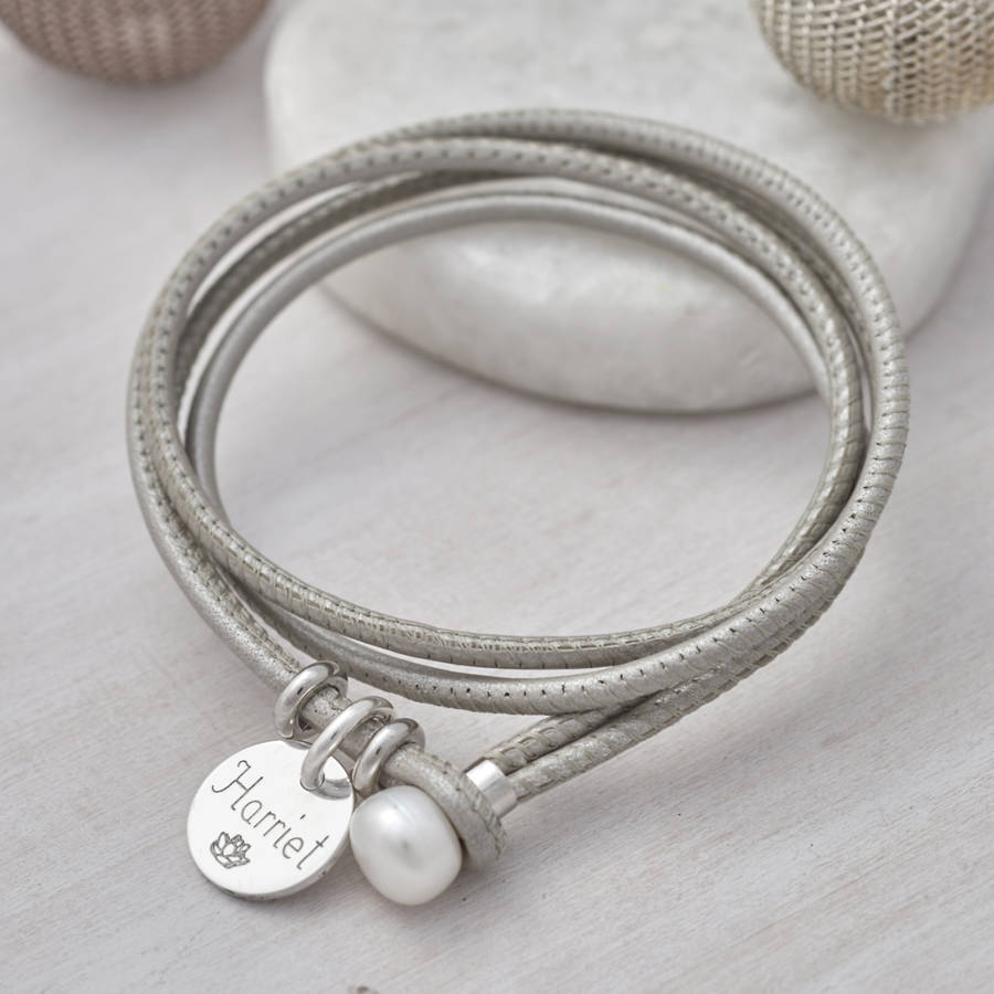 Personalised Silver And Leather Pearl Clasp Bracelet, 1 of 12
