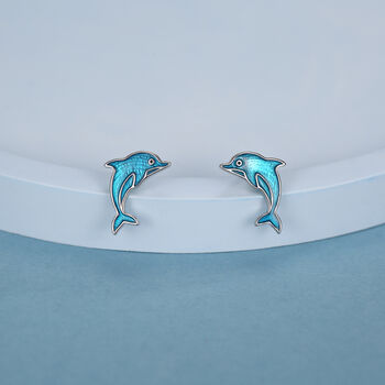 Sterling Silver Dolphin Stud Earrings With Blue Enamel, 2 of 11