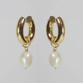 Effie Chunky Plated Gold Hoop Pearl Earrings, 5 of 6