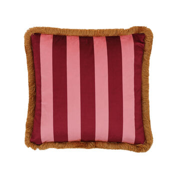 Trapeze Girl Double Sided Velvet Cushion Deep Berry Red And Stripes, 2 of 4