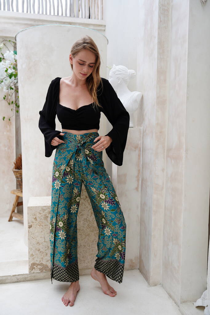 Turquoise Satin Wrap Around Trousers, 1 of 6