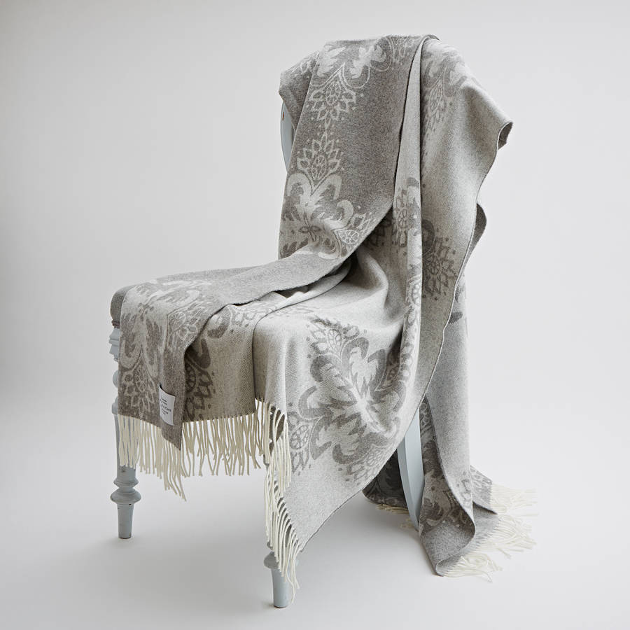 Grey Cashmere And Merino Damask Throw By Bottle Green Homes