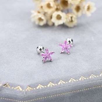 Sterling Silver Pink Cz Flower Barbell Earrings, 4 of 12